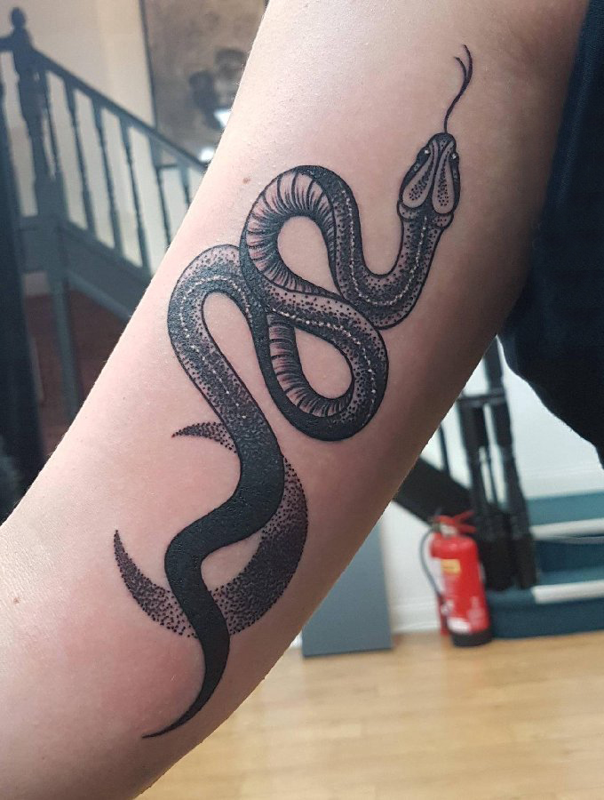 点击大图看下一张：手臂纹身图片 男生手臂上黑色的蛇纹身图片