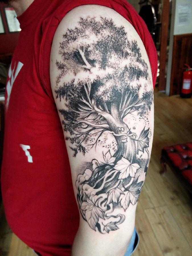 点击大图看下一张：双大臂纹身 男生大臂上叶子和大树纹身图片
