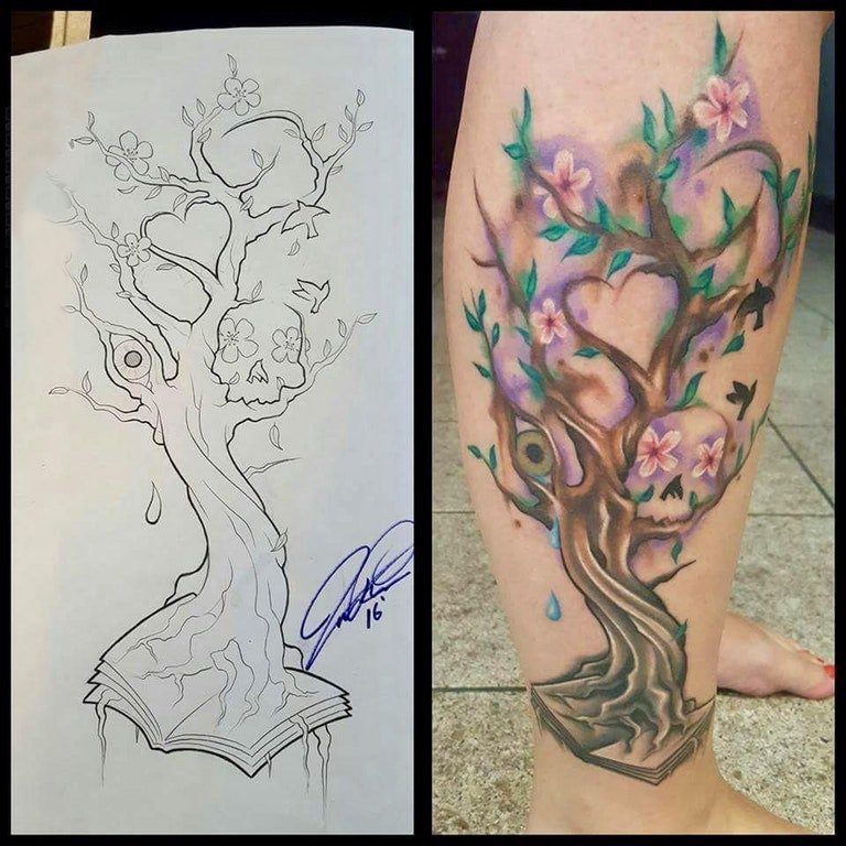 点击大图看下一张：树纹身 女生小腿上树纹身彩绘图片