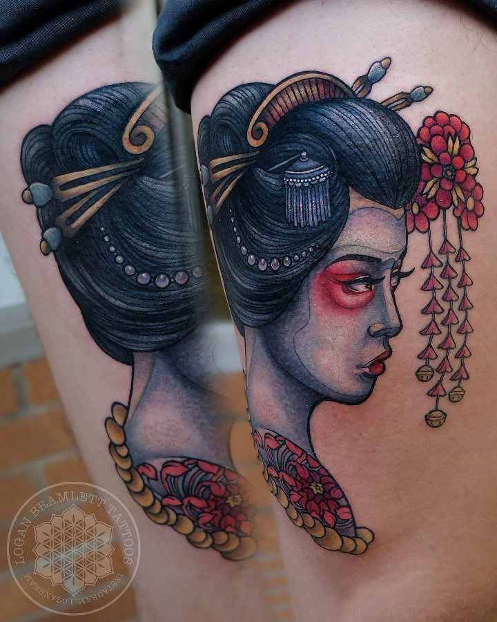 点击大图看下一张：纹身日本艺妓 女生大腿上彩绘纹身日本艺妓图片