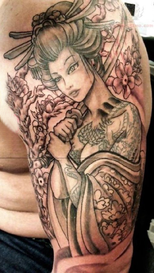 点击大图看下一张：纹身日本艺妓图片 男生手臂上素描纹身日本艺妓图片