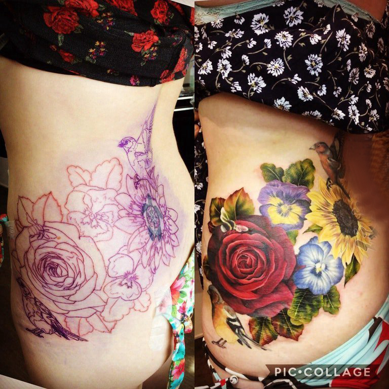 点击大图看下一张：文艺花朵纹身 女生腰部上文艺花朵纹身图案