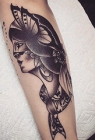 女生人物纹身图案 女生手臂上人物肖像纹身黑灰图案