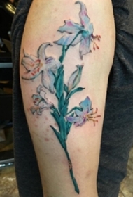 百合花纹身图案 女生大臂上彩色的百合花纹身图片