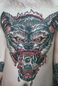滴血狼头纹身图片 男人胸部上彩色的骷髅头和滴血狼头纹身图片