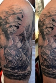 帆船纹身图片 男生手臂上帆船纹身黑色图片