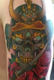 骷髅纹身花臂 男生手臂上玫瑰和骷髅纹身图片