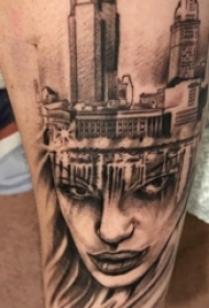 欧美小腿纹身 男生小腿上建筑物和人物肖像纹身图片