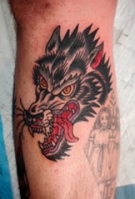 滴血狼头纹身图片 男生小腿上彩色的狼头纹身图片