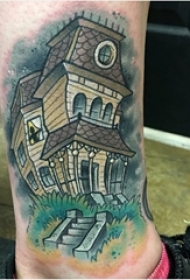 建筑物纹身 男生小腿上彩色的建筑物纹身图片