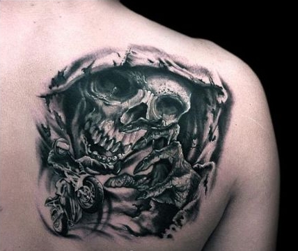 点击大图看下一张：肩部酷黑艺术骷髅纹身