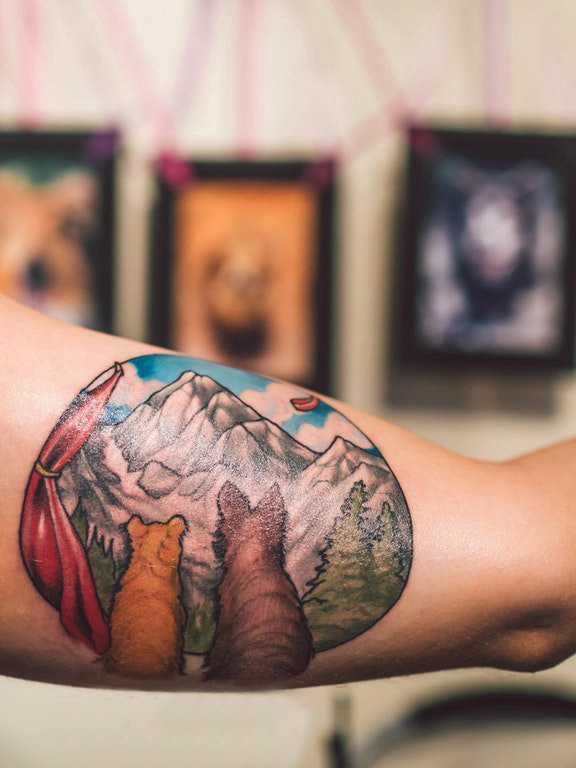 点击大图看下一张：彩绘纹身 男生手臂上动物和风景纹身图片