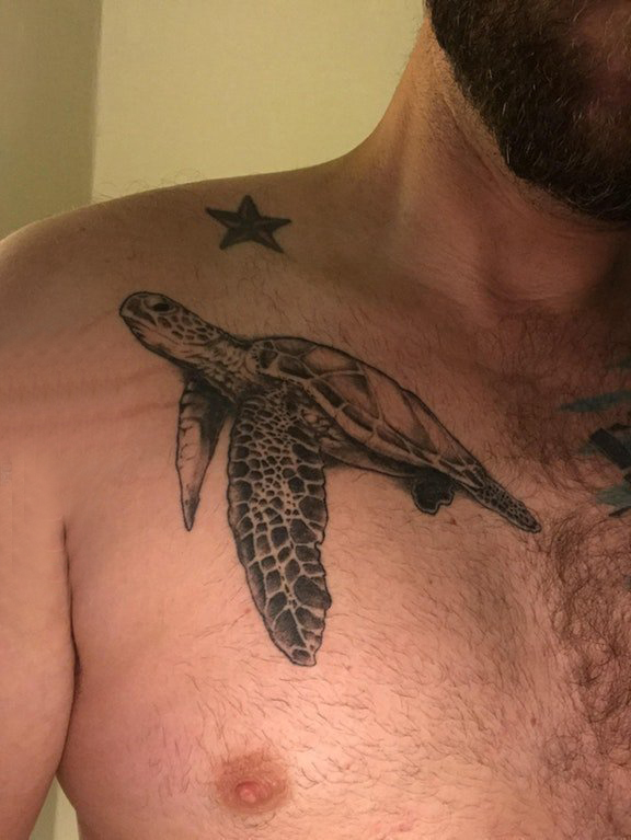 点击大图看下一张：肩膀简约纹身 男生肩部五角星和海龟纹身图片