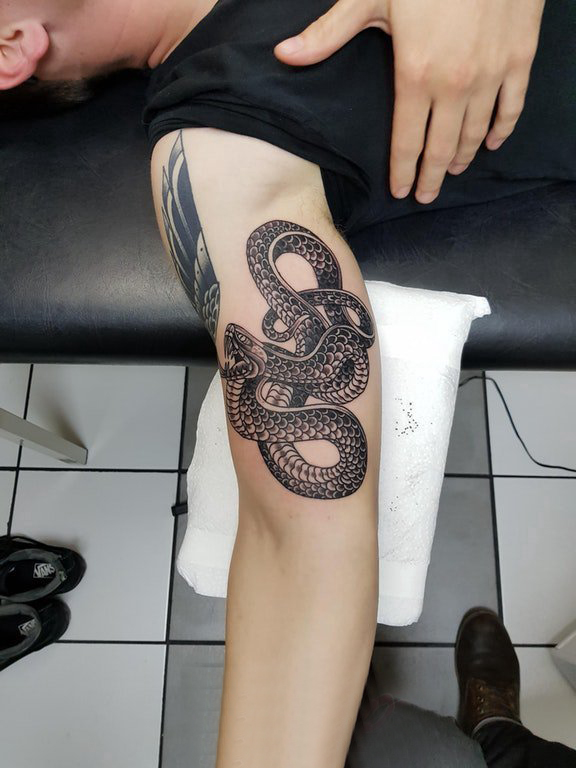点击大图看下一张：纹身蛇图片 男生手臂上黑色纹身蛇图片