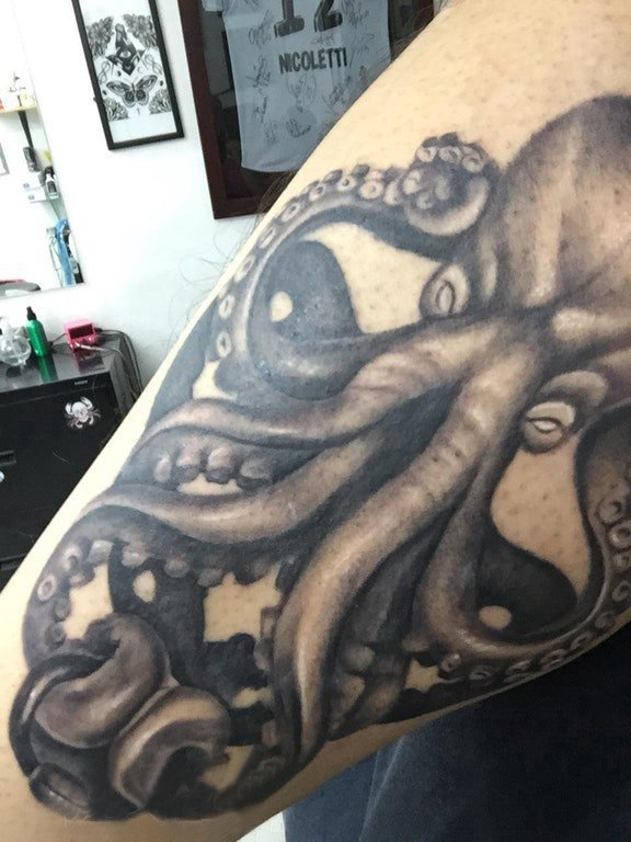 点击大图看下一张：黑色章鱼纹身 男生手臂上黑色章鱼纹身素描图案