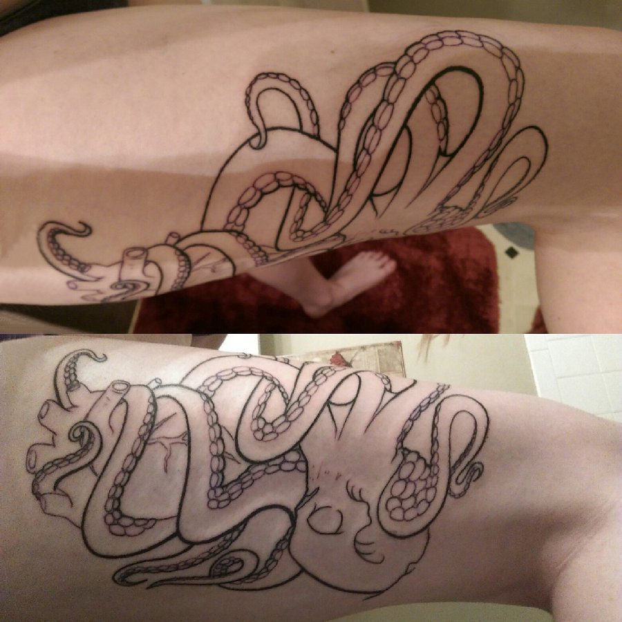 点击大图看下一张：黑色章鱼纹身 男生手臂上黑色章鱼纹身素描图片
