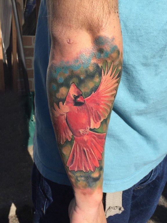点击大图看下一张：鸟纹身 男生手臂上鸟纹身动物图案