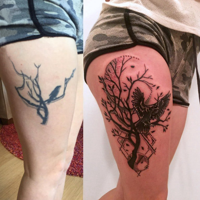 点击大图看下一张：纹身覆盖 女生大腿上树枝和鸟纹身图片