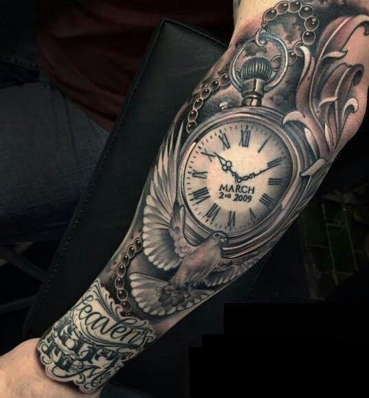 点击大图看下一张：纹身钟表 男生手臂上黑灰纹身钟表时尚花臂纹身图片