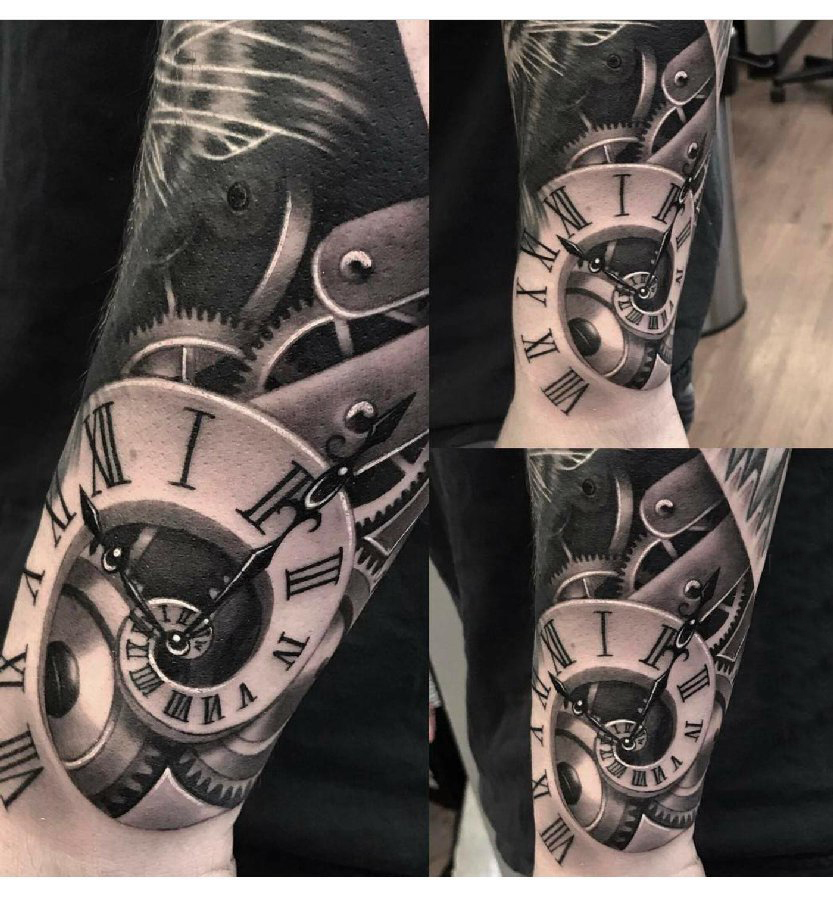 点击大图看下一张：纹身钟表 男生手臂上黑灰纹身钟表图片