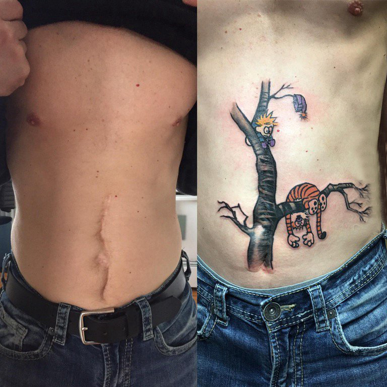 点击大图看下一张：纹身覆盖 男生腹部彩绘的卡通纹身图片