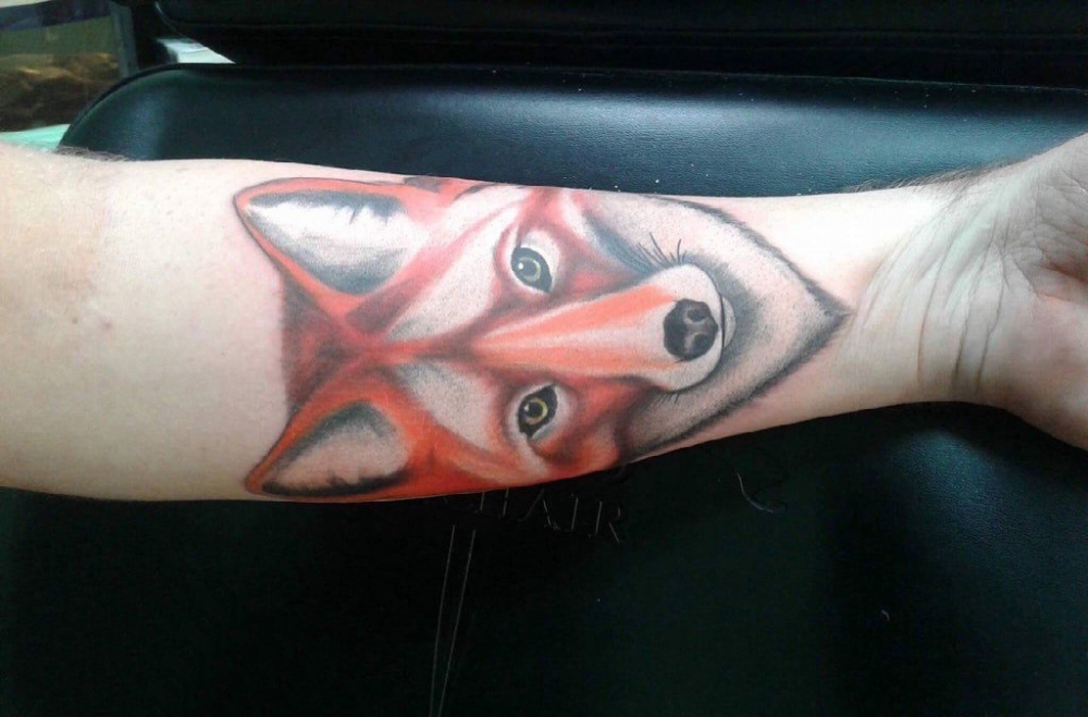 点击大图看下一张：小动物纹身 男生手臂上彩色的狐狸纹身图片