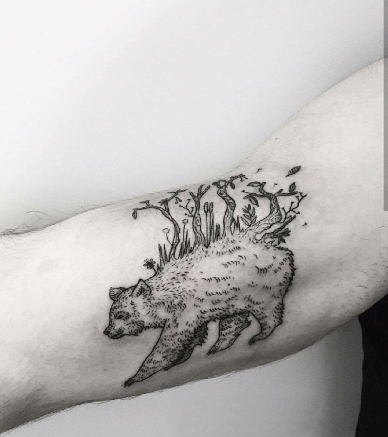 点击大图看下一张：小动物纹身 男生手臂上黑色的熊纹身图片
