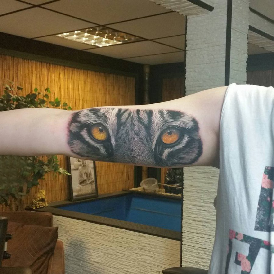 点击大图看下一张：百乐动物纹身 男生手臂上彩色的老虎纹身图片