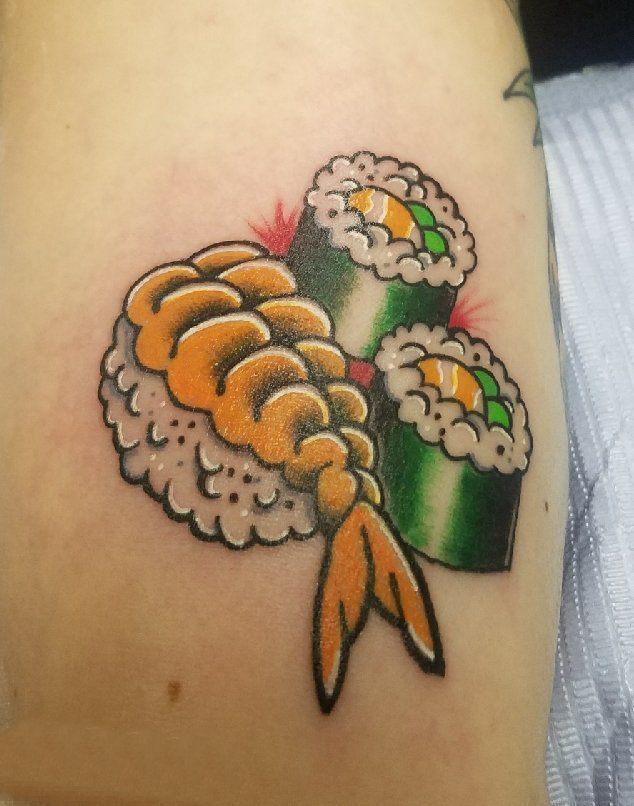 点击大图看下一张：食物纹身 男生手臂上彩绘的食物寿司纹身图片