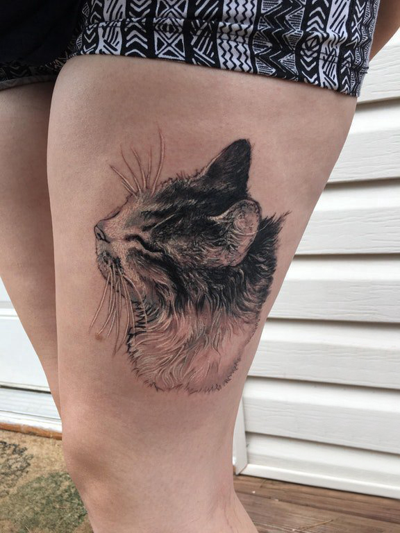 点击大图看下一张：百乐动物纹身 女生大腿上黑灰的猫咪纹身图片