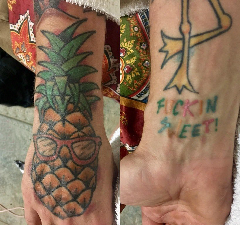 点击大图看下一张：手背纹身 男生手背上彩色的菠萝纹身图片