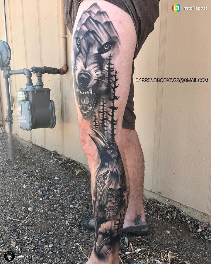 点击大图看下一张：狼纹身 男生腿部狼纹身图片
