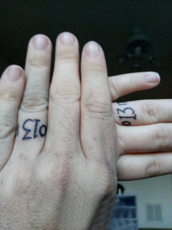 点击大图看下一张：情侣纹身戒指 情侣手指上黑色的数字戒指纹身图片