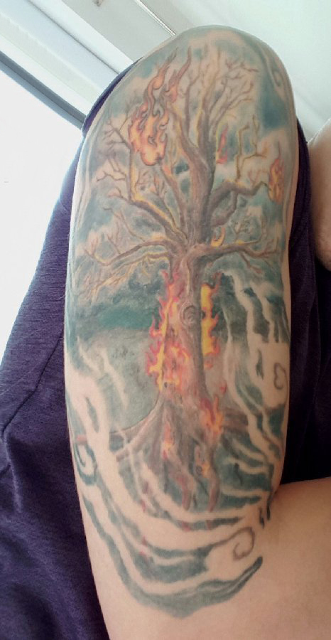 点击大图看下一张：树纹身 男生手臂上彩绘纹身树纹身图案