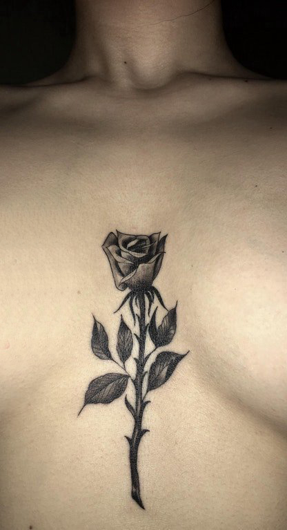 点击大图看下一张：纹身玫瑰 女生胸下黑色的玫瑰纹身图片