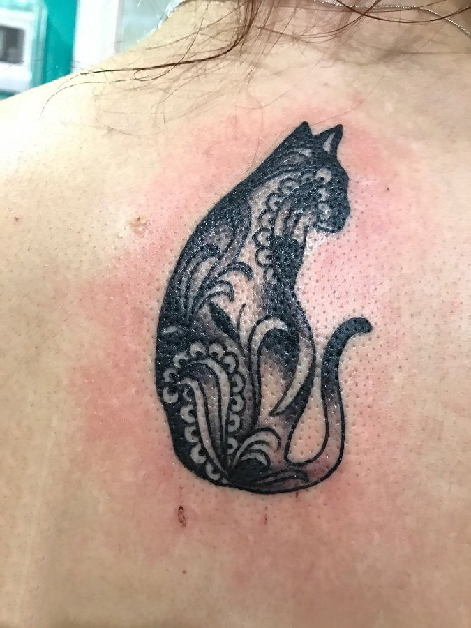 点击大图看下一张：小清新猫咪纹身 女生背部小猫咪纹身图片