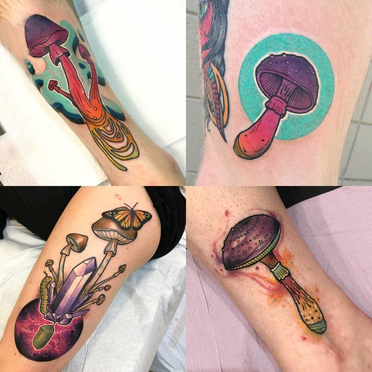 点击大图看下一张：彩绘纹身 男生小腿上彩色的蘑菇纹身图片