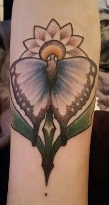 点击大图看下一张：蝴蝶花朵纹身图案 女生手臂上蝴蝶花朵纹身图案