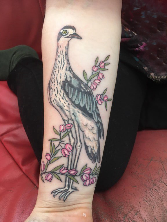 点击大图看下一张：小动物纹身 女生手臂上花朵和鸟纹身图片