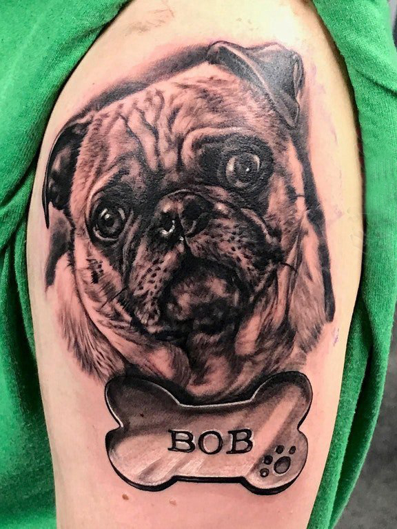 点击大图看下一张：狗纹身 男生手臂上小狗纹身图片