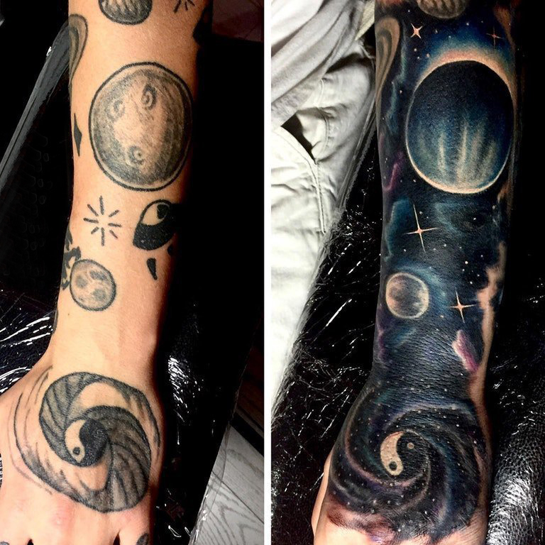 点击大图看下一张：纹身星球 男生手臂上小星球纹身图片