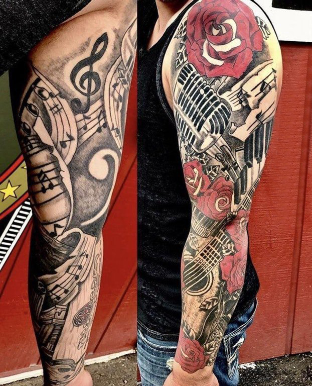 点击大图看下一张：欧美花臂纹身 男生手臂上花朵和吉他纹身图片