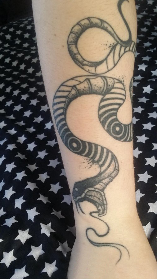 点击大图看下一张：百乐动物纹身 女生手臂上凶残的蛇纹身图片