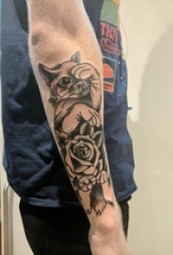 手臂纹身素材 男生手臂上花朵和猫咪纹身图片