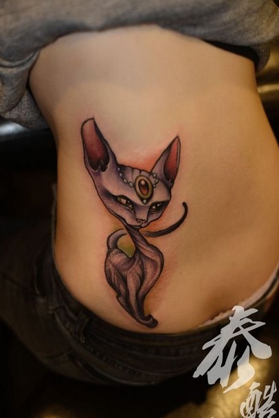 点击大图看下一张：文艺小猫腰部纹身