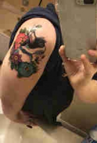 大臂纹身图 女生大臂上花朵和猫咪纹身图片