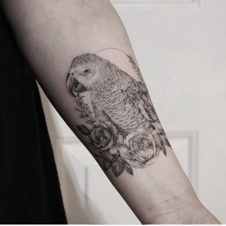 点击大图看下一张：黑灰写实纹身 男生手臂上花朵和鹦鹉纹身图片