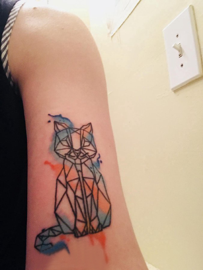 点击大图看下一张：几何动物纹身 女生手臂上彩色的猫咪纹身图片