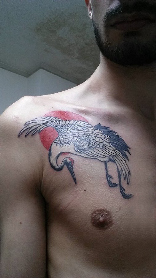 点击大图看下一张：仙鹤纹身 男生肩部彩色的白鹤纹身图片