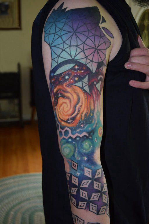 点击大图看下一张：原宿星空纹身 男生手臂上原宿星空纹身图案